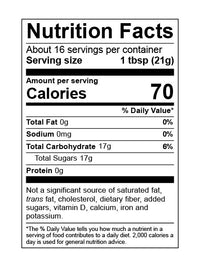 Nutrition facts label for a product with 70 calories per serving, 17g of total carbohydrates, and 17g of total sugars.