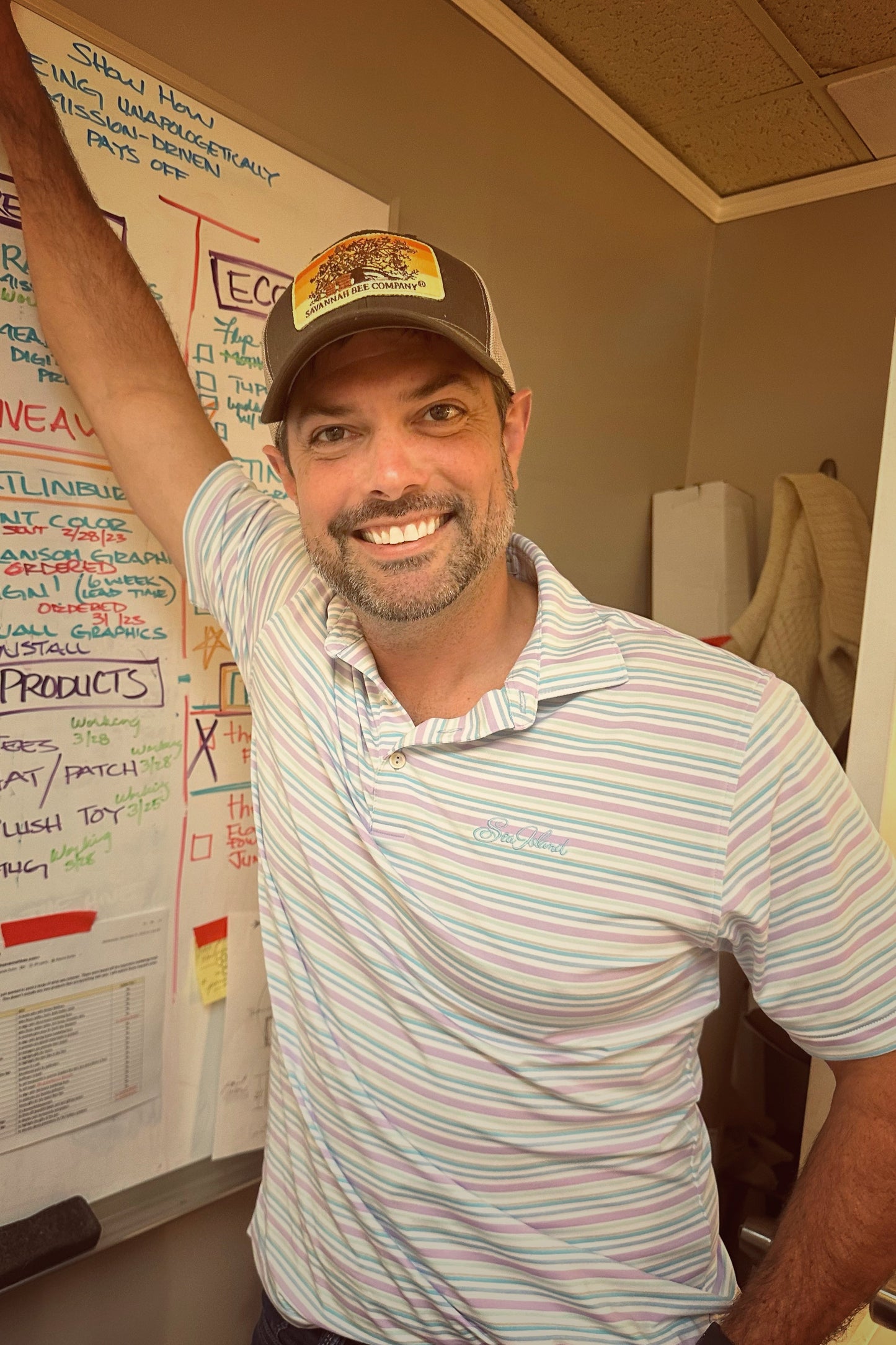 Mark Haney CFO and President of Savannah Bee Company proudly wearing the Bee Box Trucker Hat.