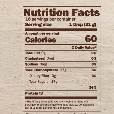 Nutrition facts label for a product with 60 calories per serving