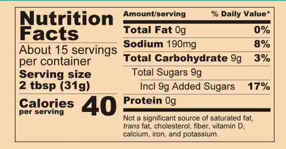 Hot BBQ Sauce nutritional label. 40 calories per serving.