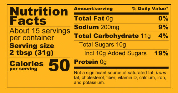Sweet BBQ sauce nutritional label. 50 calories per serving. 