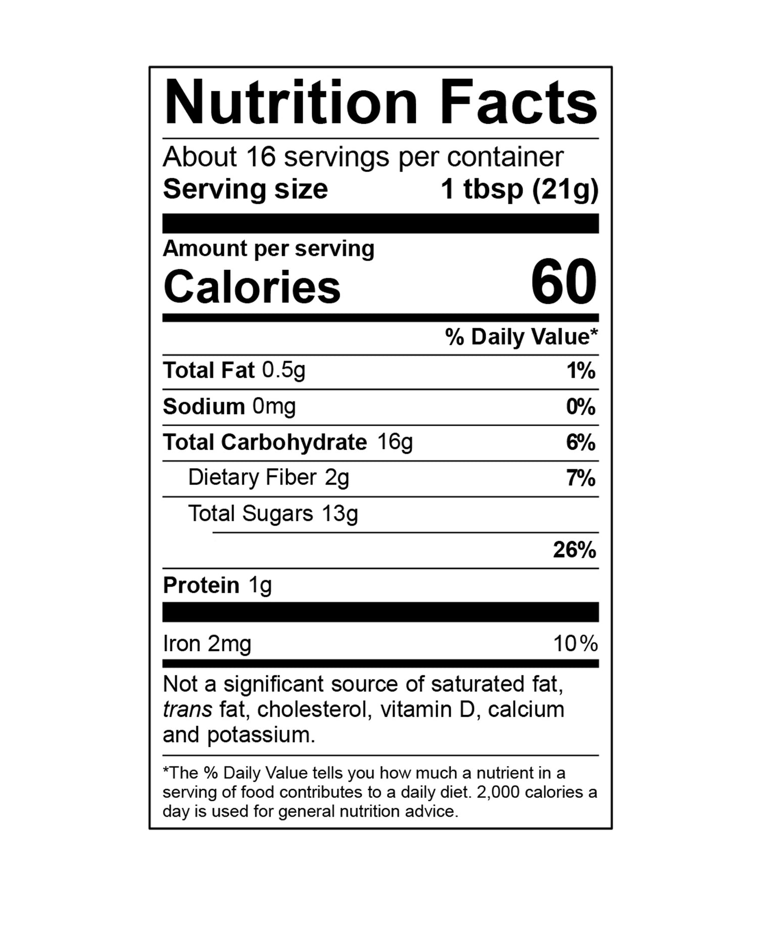Nutrition facts label for a product with 60 calories per serving