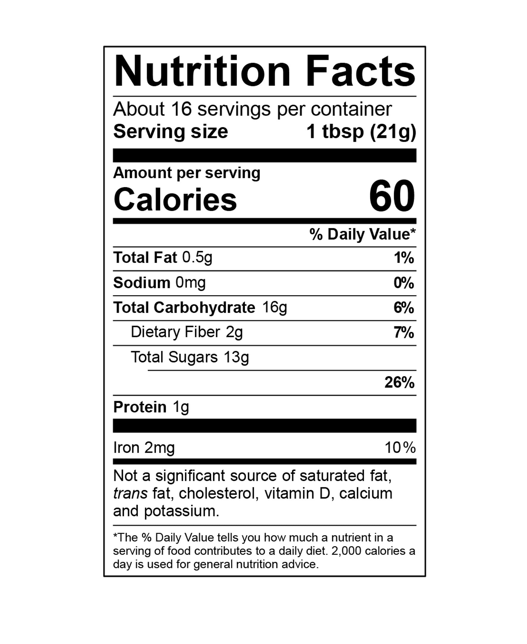 Nutrition facts label for a product with 60 calories per serving