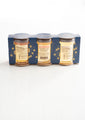 Pure & Natural Acacia 3 oz. mini, Orange Blossom 3 oz. mini and Lavender 3 oz. mini Raw Honey gift in blue packaging with gold honeycomb print.