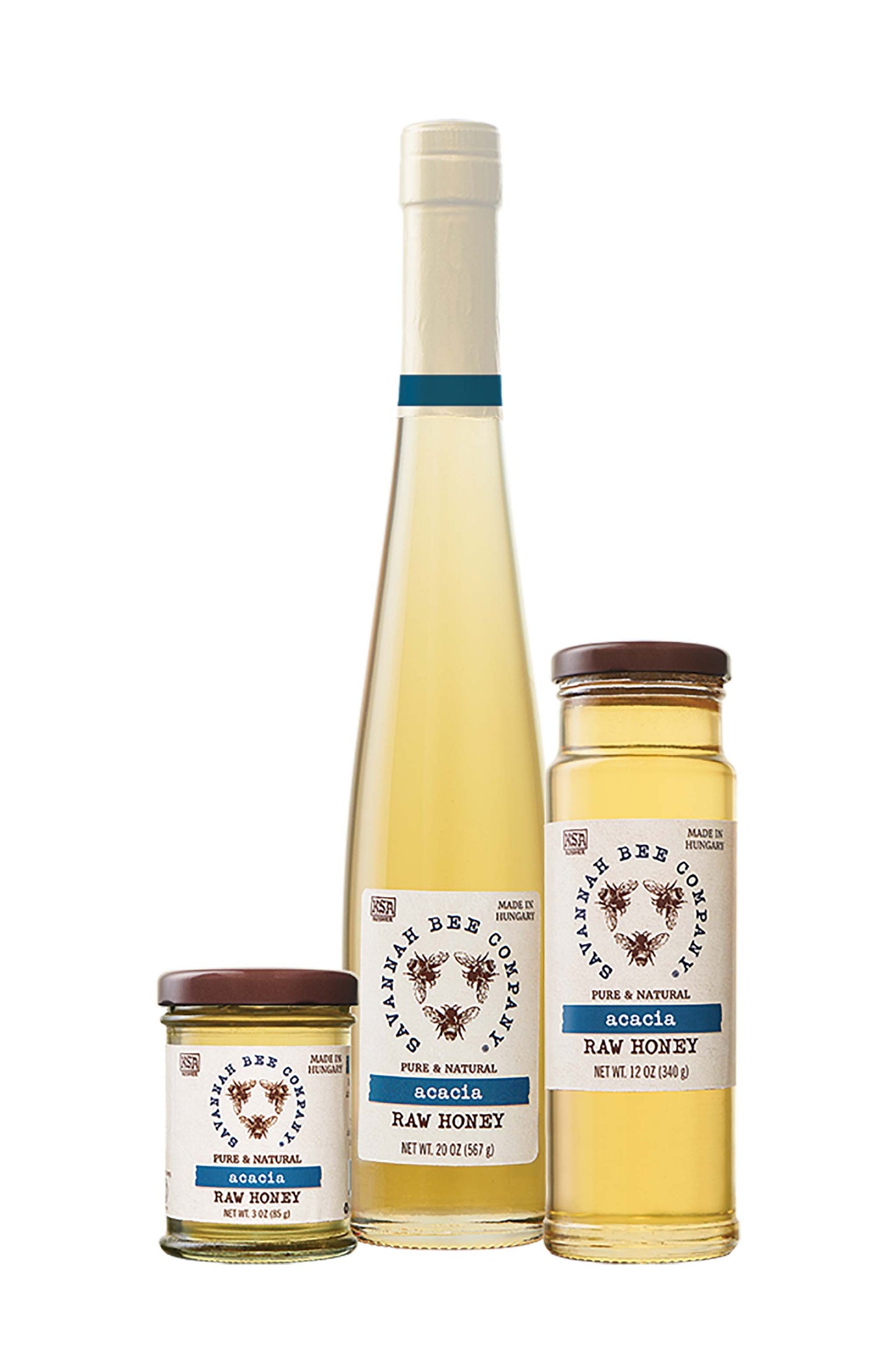 Raw Acacia Honey comes in 3 oz. mini, 12 oz. tower and 20 oz. flute