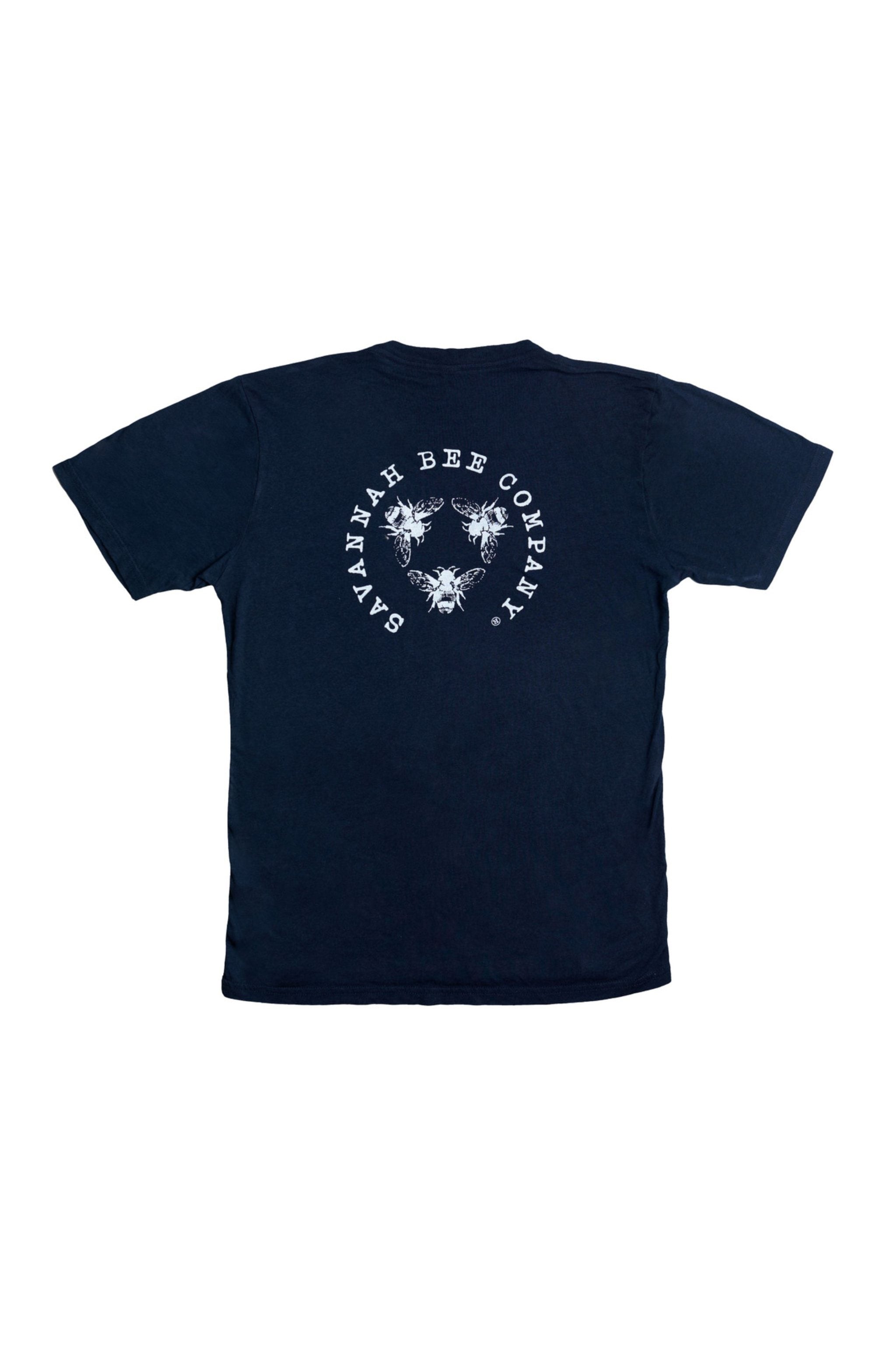 Short sleeve, navy, crew neck thsirt. Back of the shirt has the Savannah Bee Company Logo in white. 