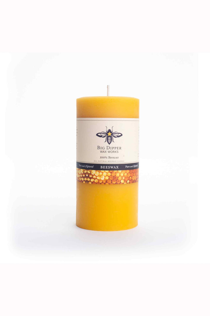 Pure Organic Beeswax 3 x 6 Pillar wrapped in label with Dig Dipper wax works logo