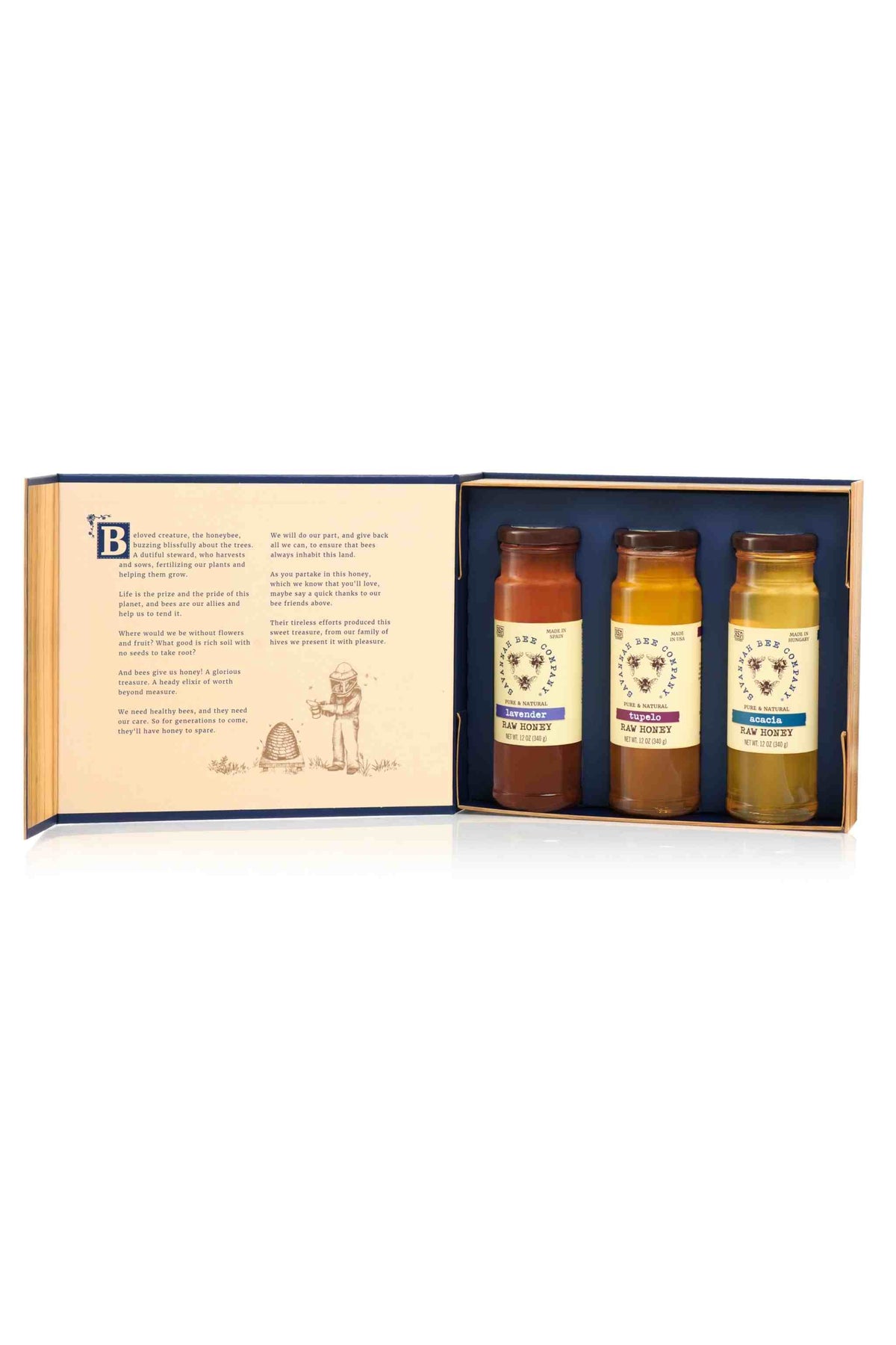 Book of honey gift set opened to 12 ounce lavender, tupelo and acacia honey jars.
