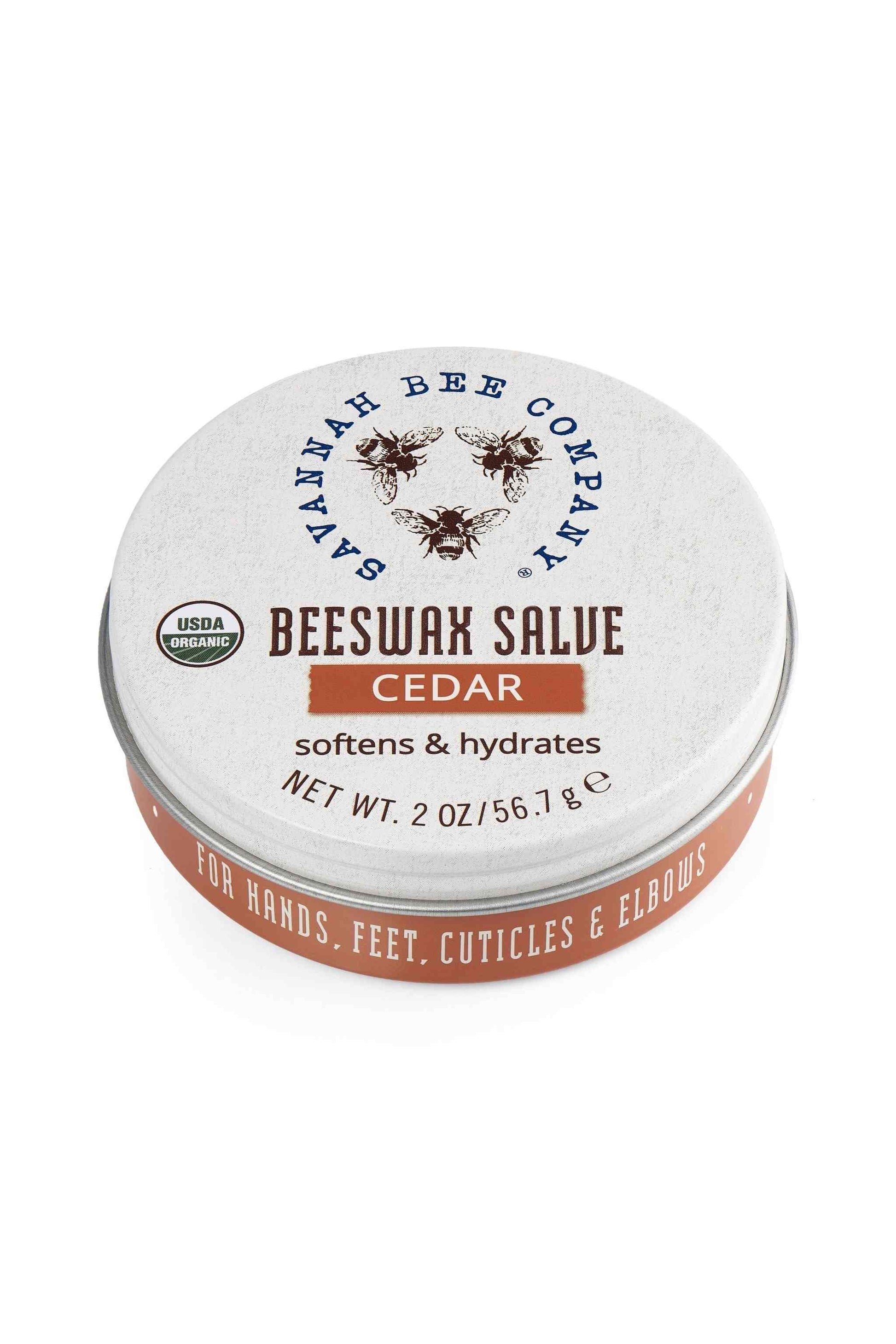 Savannah Bee Cedar Beeswax Salve USFA Organic, softens & hydrates 2 oz. tin studio image