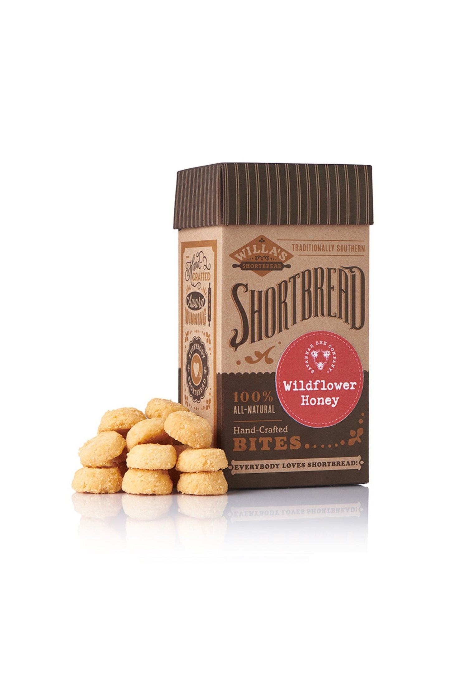 Package of wildflower honey shortbread cookies next to a stack of small round shortbread cookie bites studio image