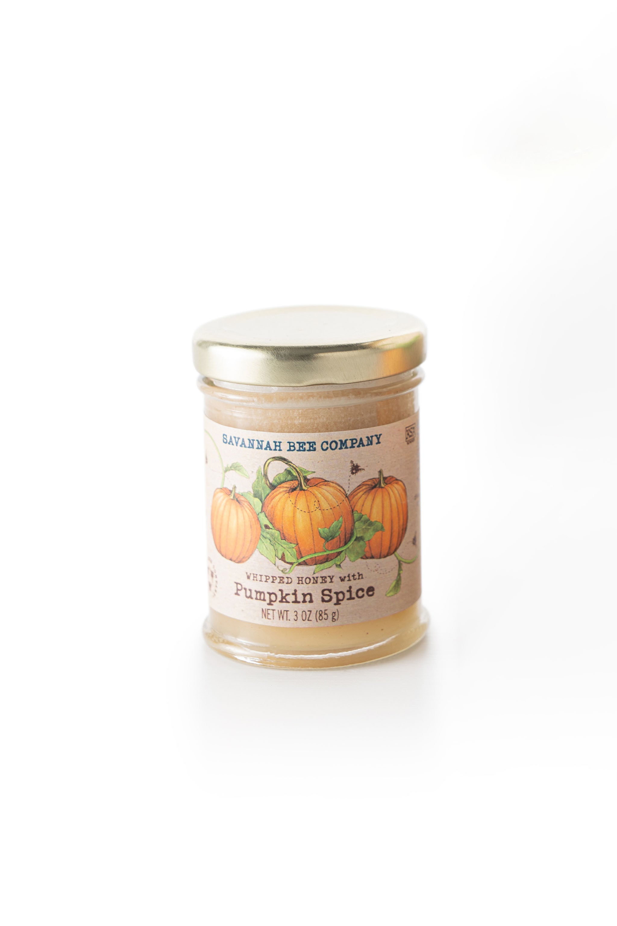 3 ounce pumpkin spice whipped honey front facing against a white background.