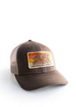 brown trucker hat with oak tree and bee boxes facing left