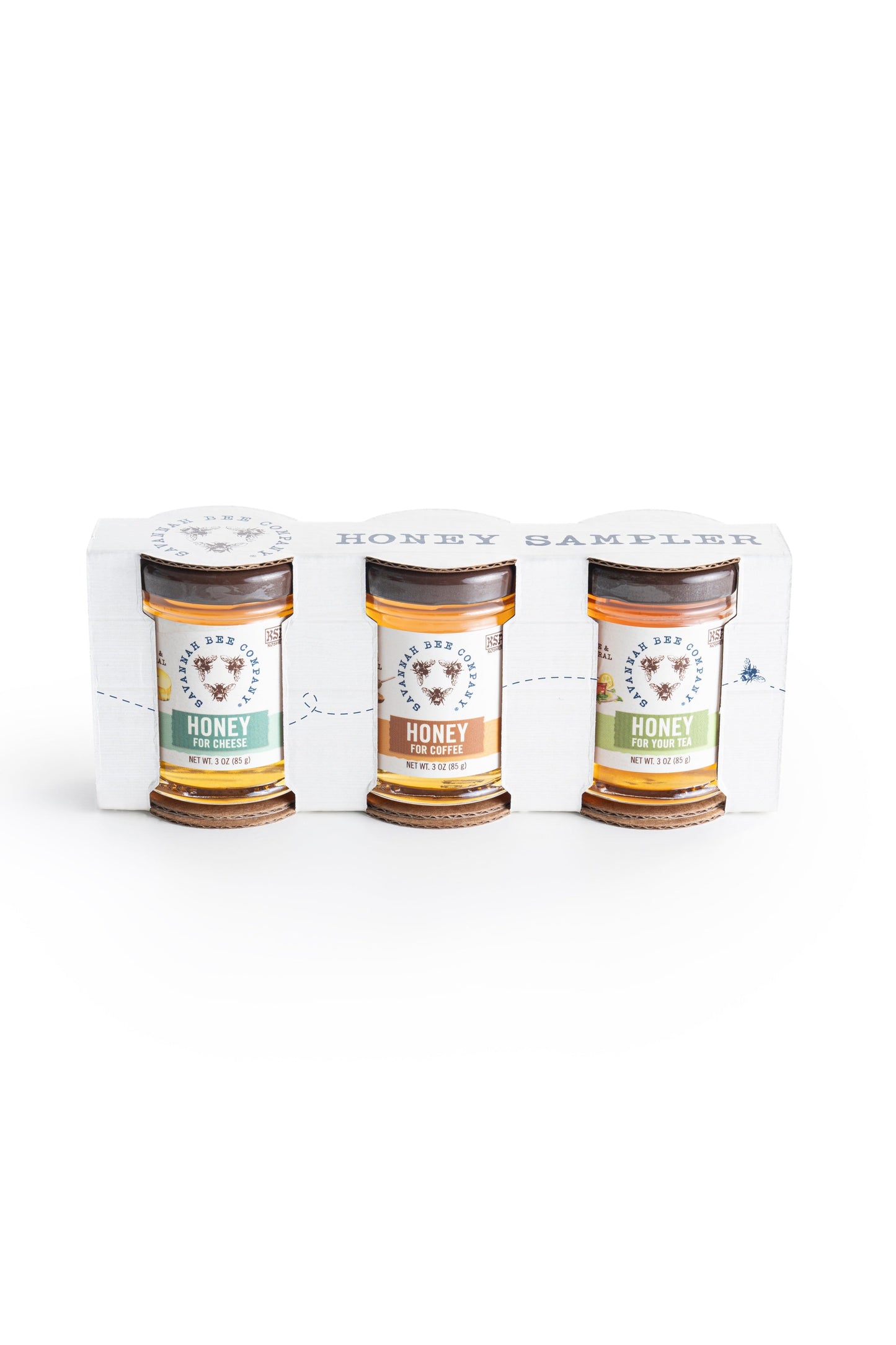 3oz honey for cheese, 3oz honey for coffee, 3oz honey for tea in a honey sample cardboard wrap, front facing
