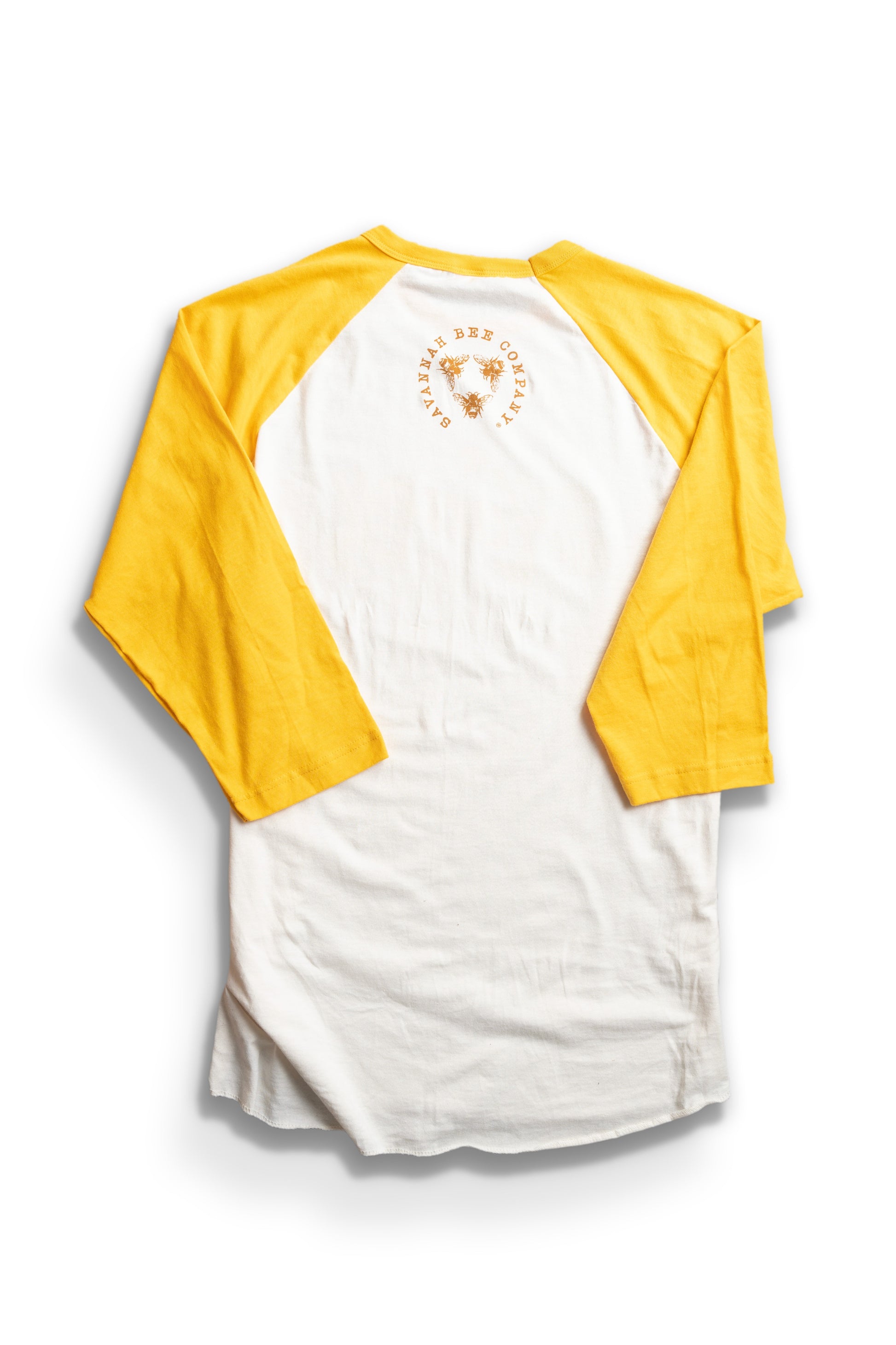 The back of Honey Raglan sleeve shirt  with Savannah Bee logo