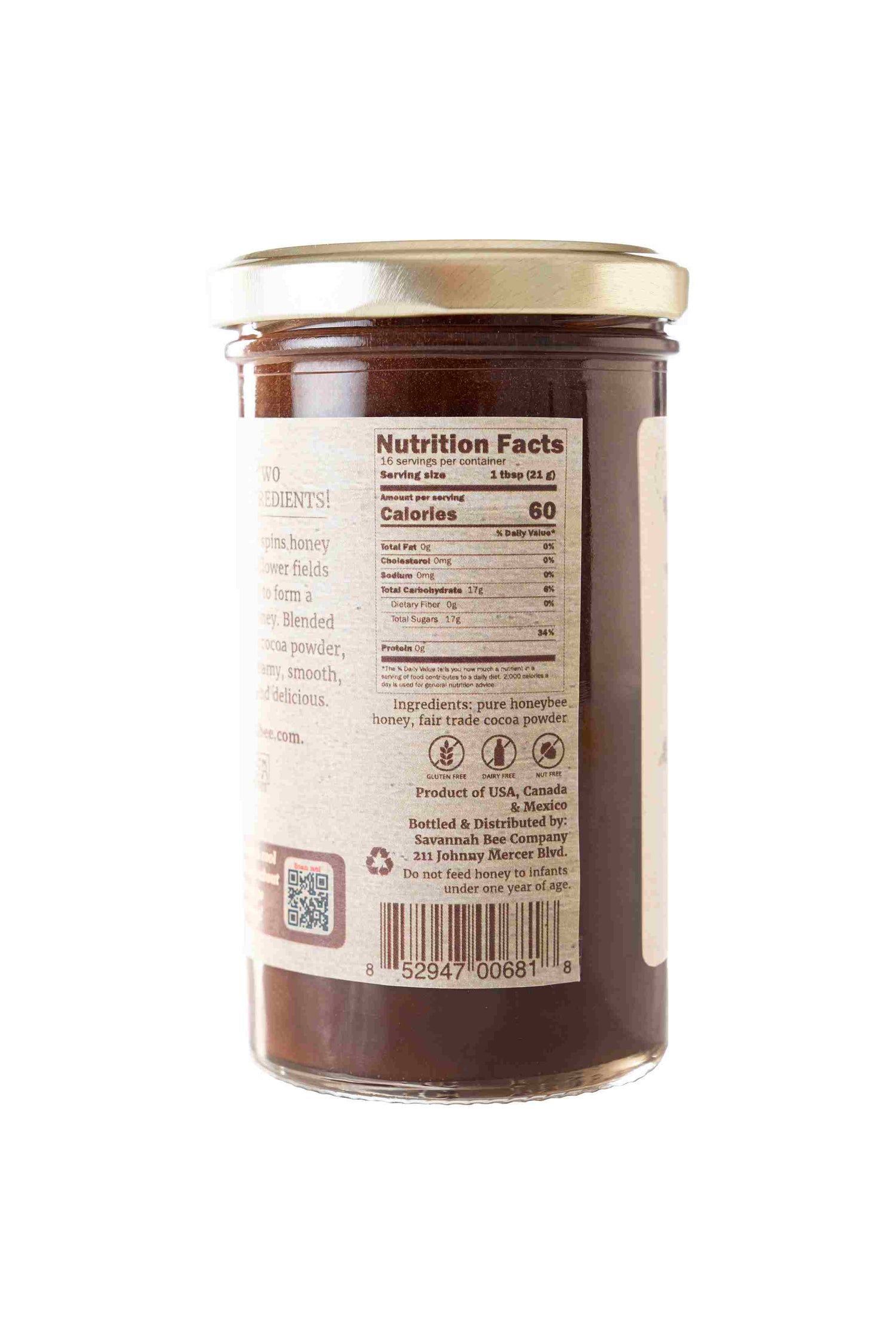 Back of a jar of whipped honey with chocolate. 60 calories