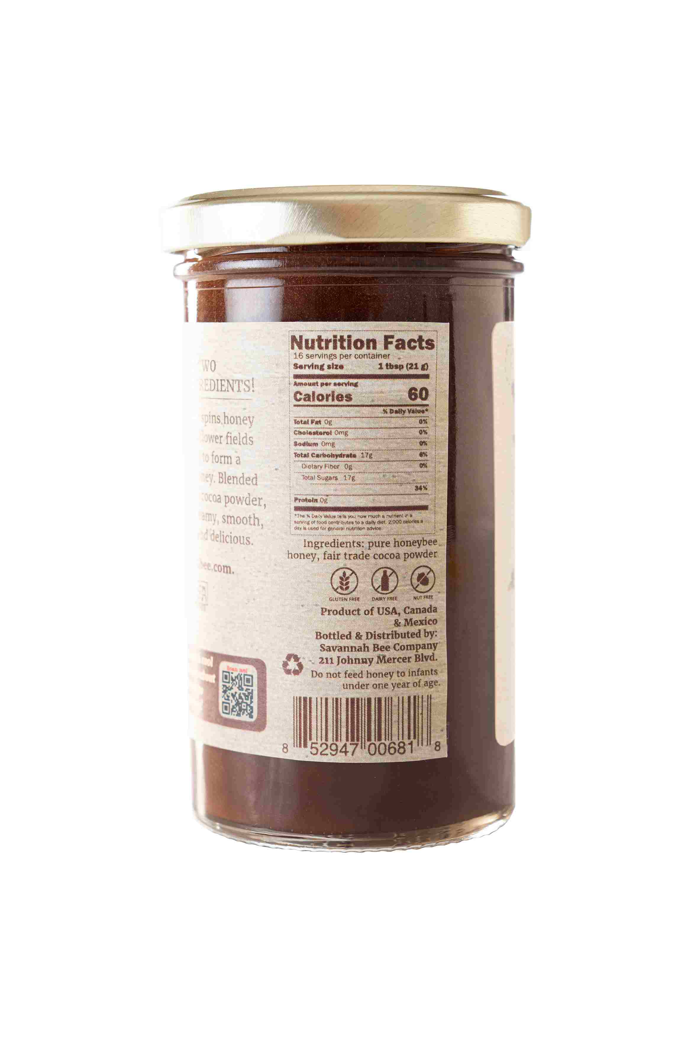 Back of a jar of whipped honey with chocolate. 60 calories