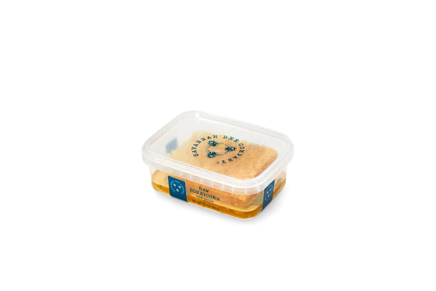 Packaged honeycomb with a blue label on a white background