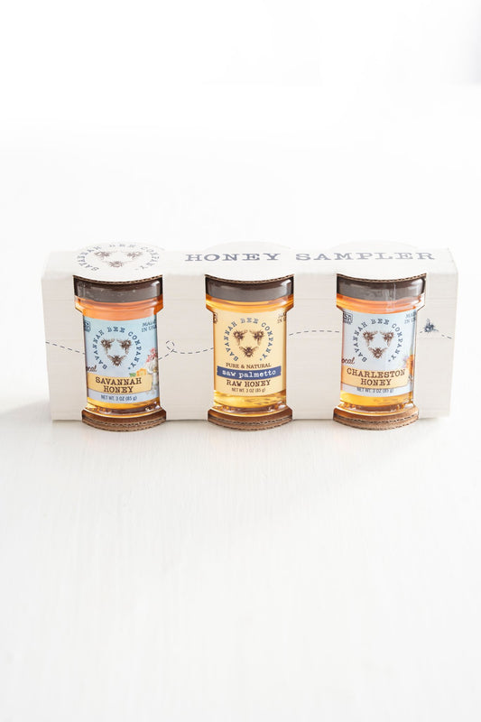 The Lowcountry Sample Set includes 3 ounce jars of Saw Palmetto Honey, Charleston Honey, and Savannah Honey. 