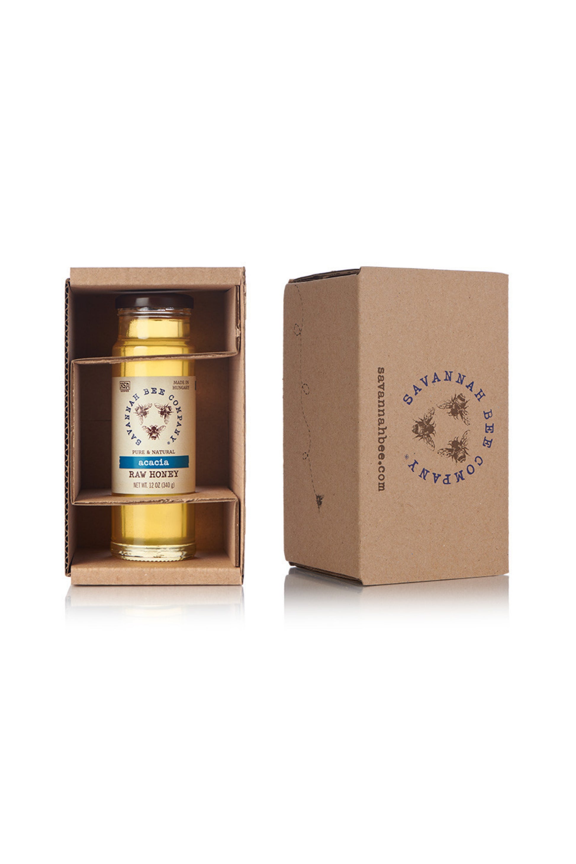 Pure & Natural Acacia Raw Honey 12 oz. tower in a gift box  with Savannah Bee Logo.