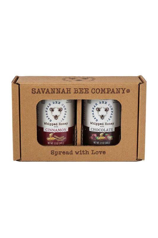 Whipped Honey with Cinnamon 12 oz. and Whipped Honey with Chocolate 12 oz. in a gift box