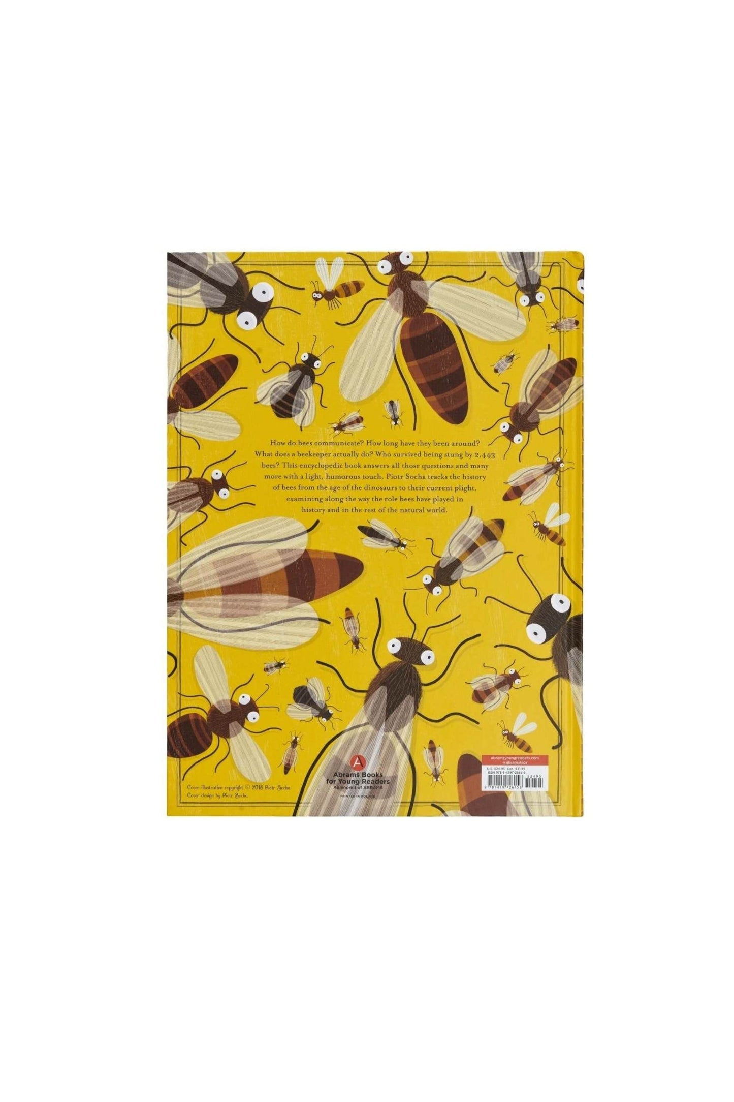 The back of a honey History about Bees, children book. Hardback book, yellow background covered in cartoon bees.