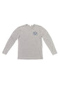 Long sleeeve, heathered grey, crew neck t shirt. The front has the Savannah Bee Company navy logo on the front right. 