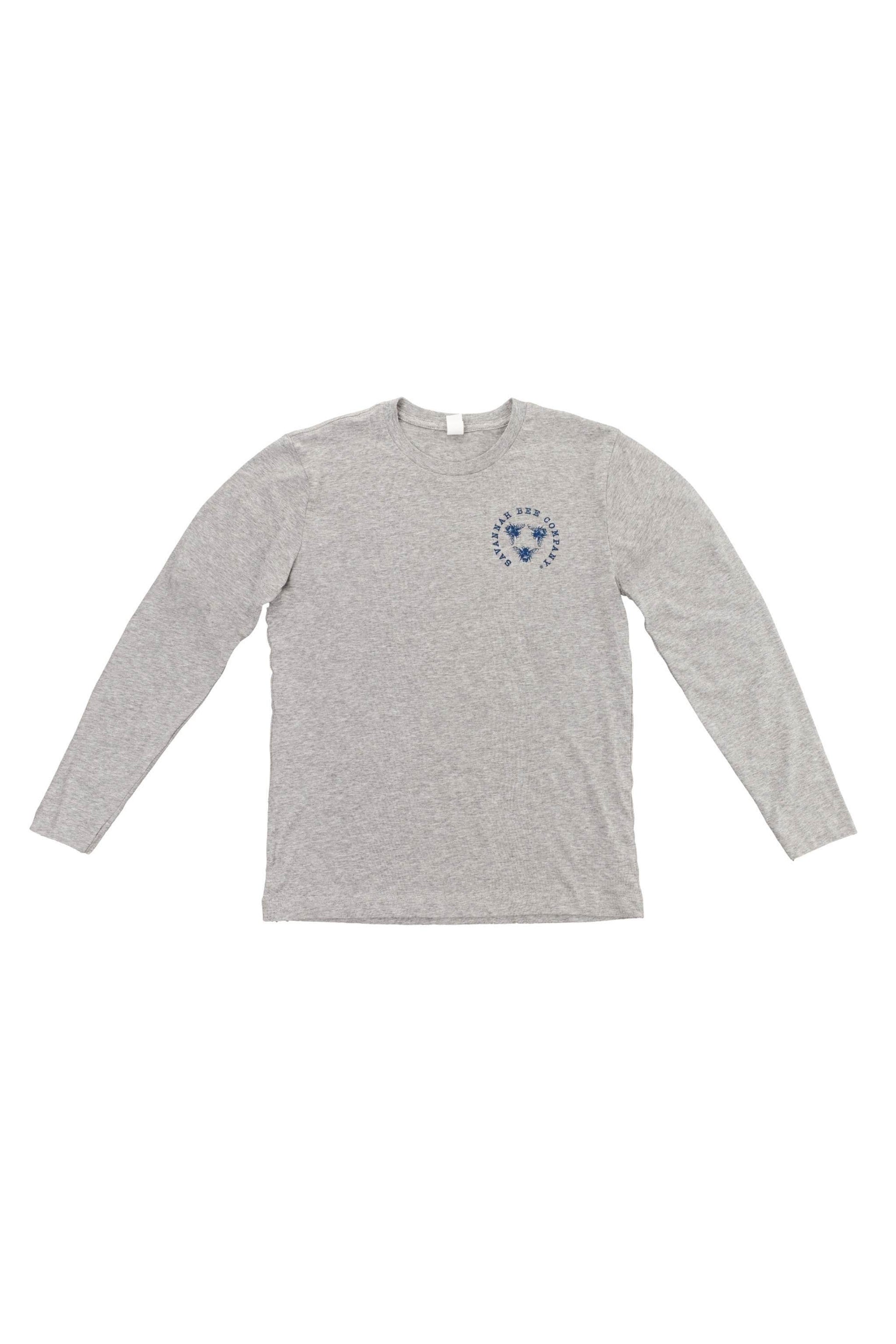Long sleeeve, heathered grey, crew neck t shirt. The front has the Savannah Bee Company navy logo on the front right. 