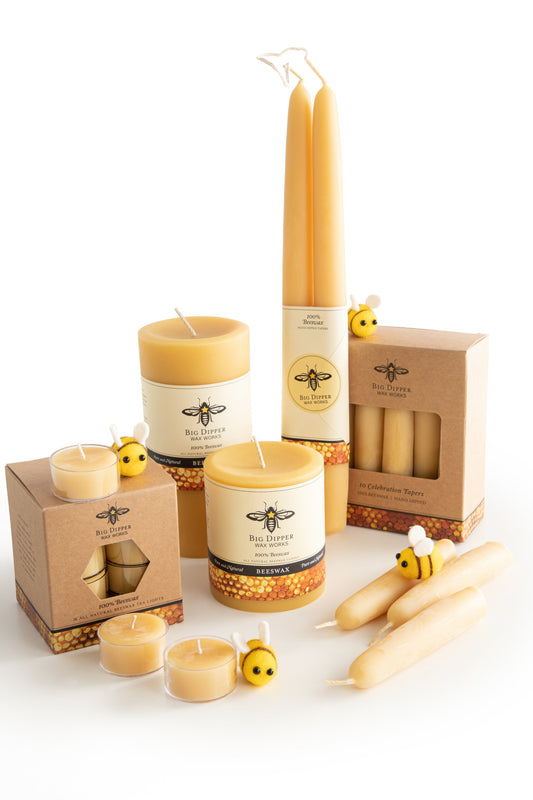 100% Pure Organic Beeswax Candles come in sizes 3 x 3.5 Pillars, 3x6 Pillar, Tea Light Pack 16 and 12' Taper Candles studio image