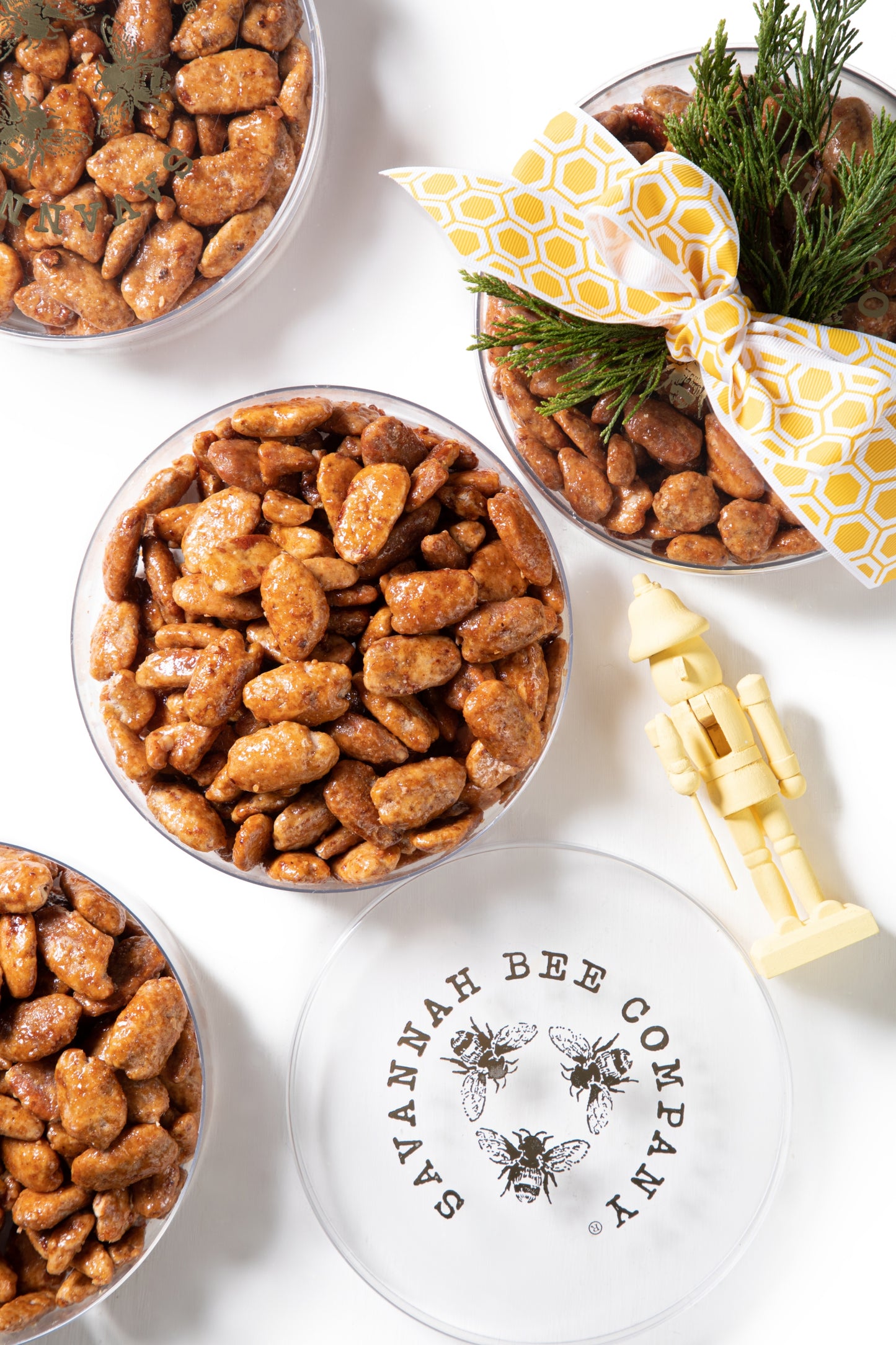 Honey Crisp Pecans in a acrylic Savannah Bee Logo tin