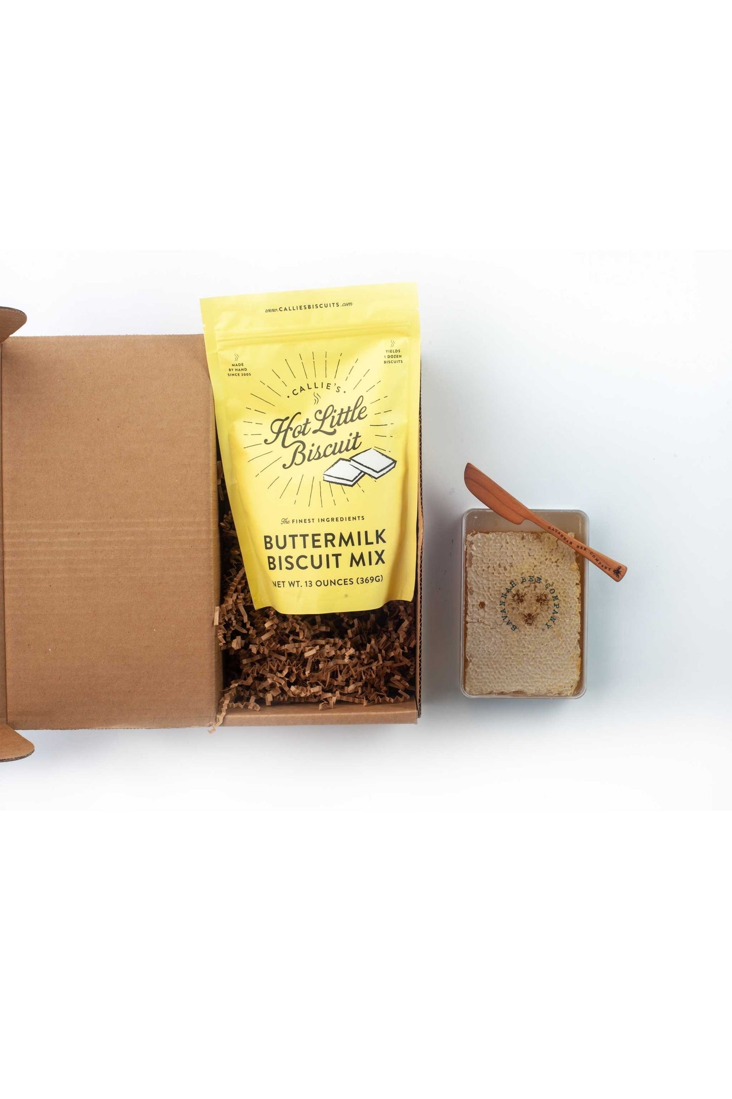 Callie's Hot Little Biscuit Mix, Large Raw Honeycomb and  Honeycomb Knife in a gift box