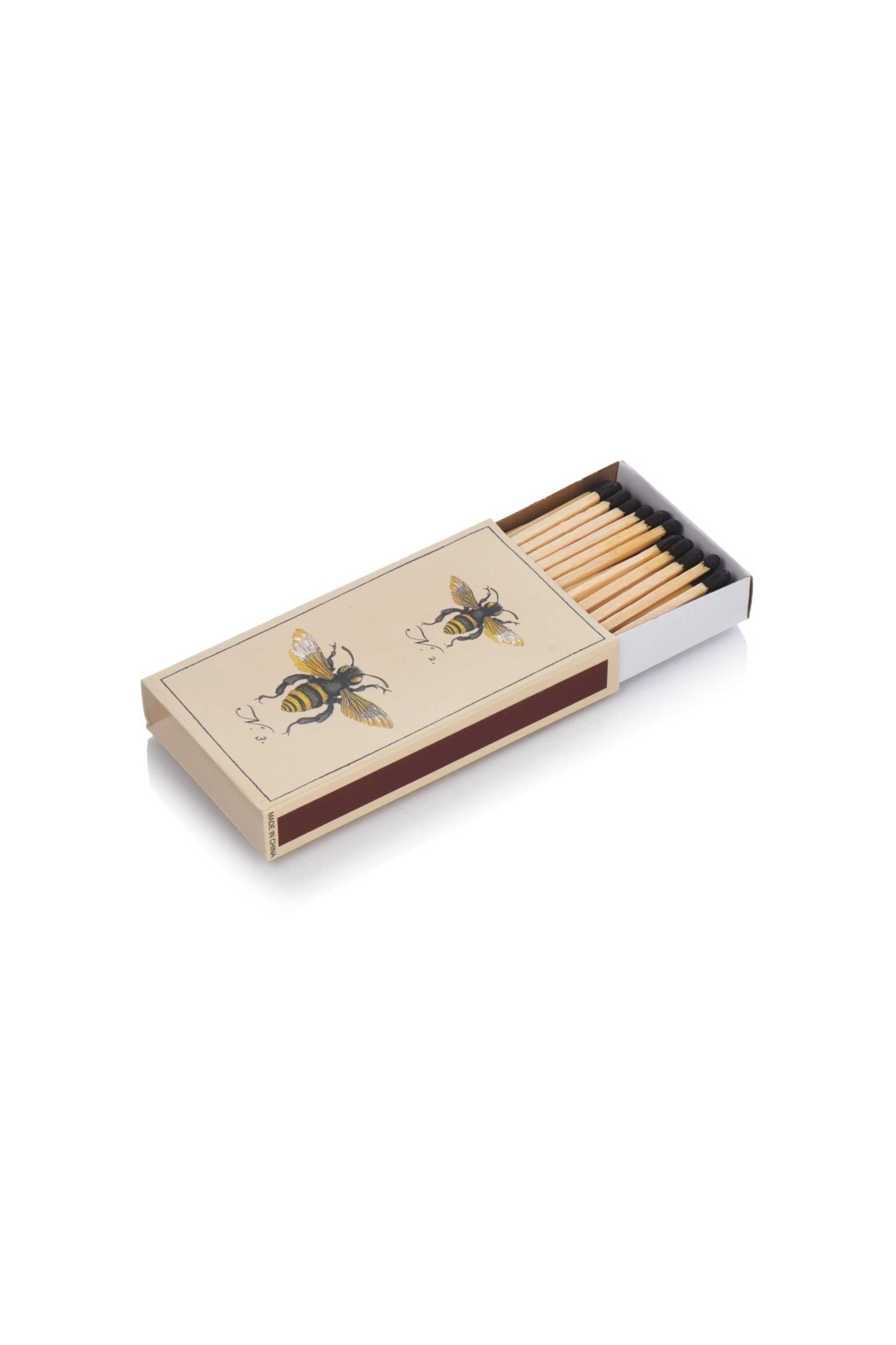 Cream wooden matches in a Cream matchbox with a black and yellow honeybee illustration with match box open. 
