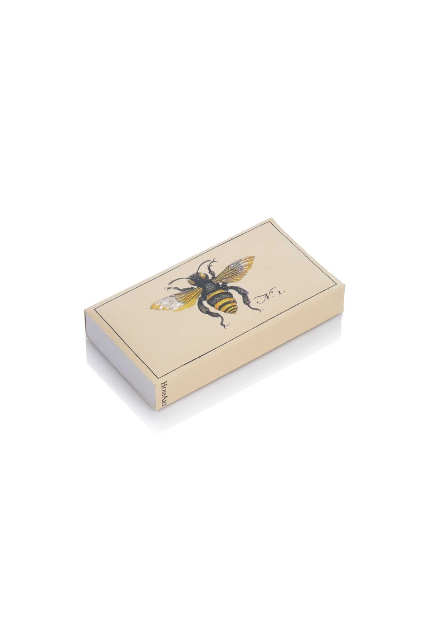 Cream wooden matches in a Cream matchbox with a black and yellow honeybee illustration.