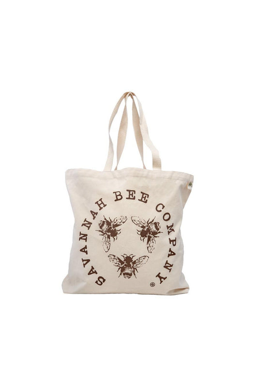 100% certified cotton cream-colored tote bag with a black  Savannah Bee Logo.  