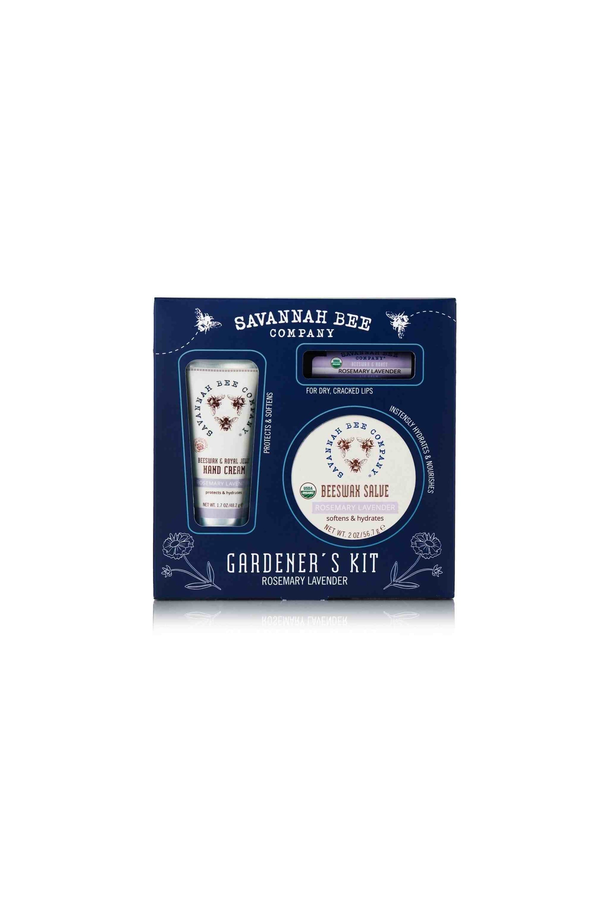 Rosemary Lavender Gardener's Kit contains  Rosemary Lavender Beeswax Royal Jelly Hand Cream, Rosemary Lavender Lip Balm and Beeswax Salve in blue packaging
