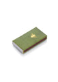 Green wooden matches in a green matchbox with a gold honeybee illustration.  