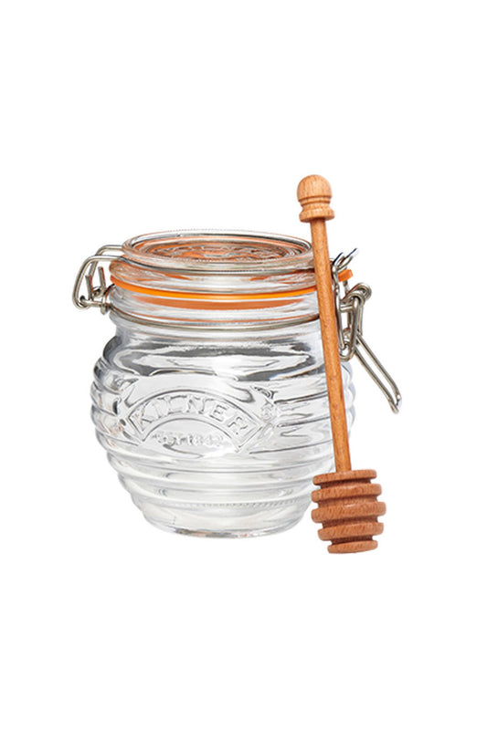 The Kilner Glass Honey Pot Set is equipped with a clip-top lid and rubber gasket that seals in freshness studio image