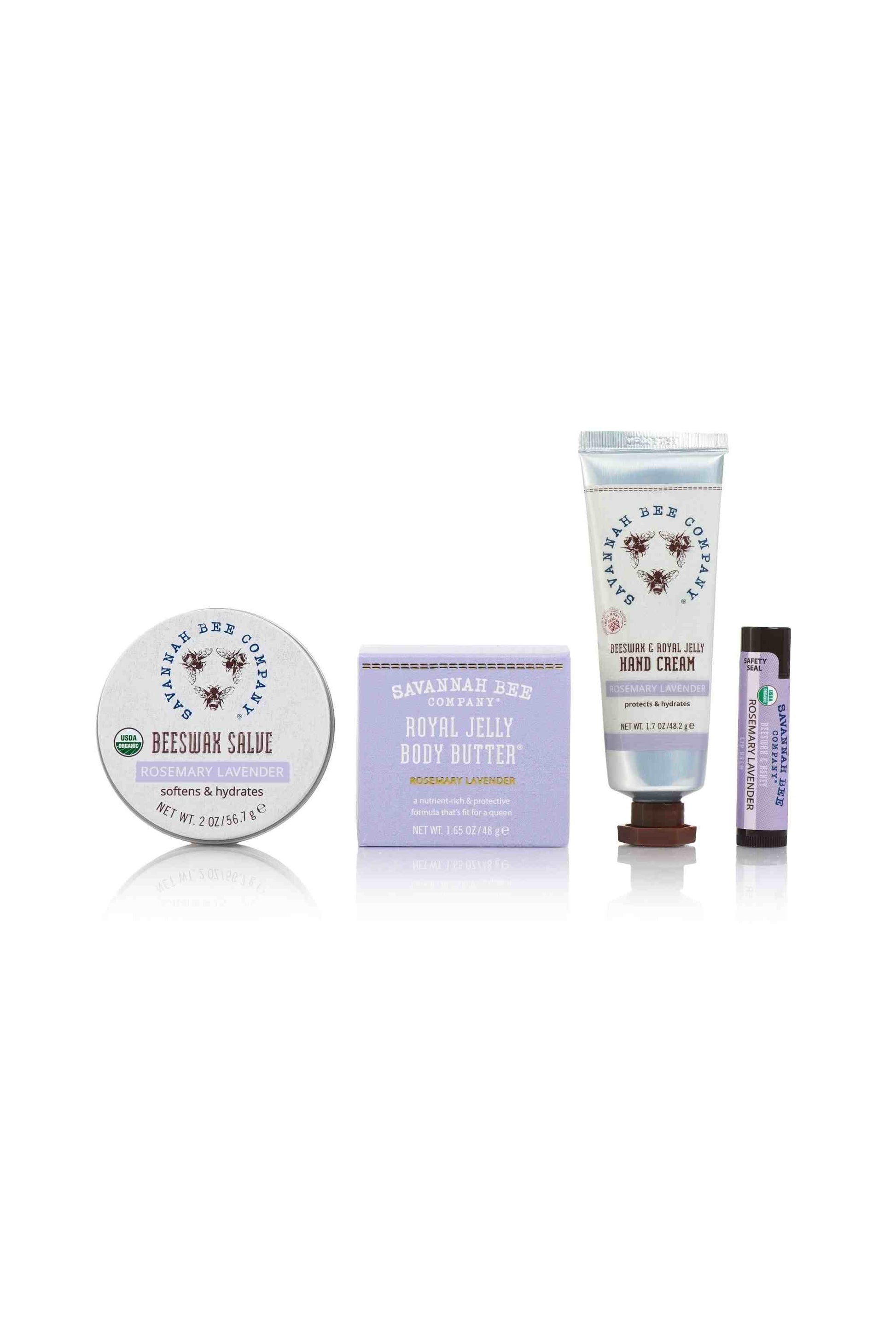 Lavender Love Gift Set contains Rosemary Lavender Beeswax Salve, Beeswax Royally Jelly Hand Cream, Royal Jelly Body Butter and Lip Balm