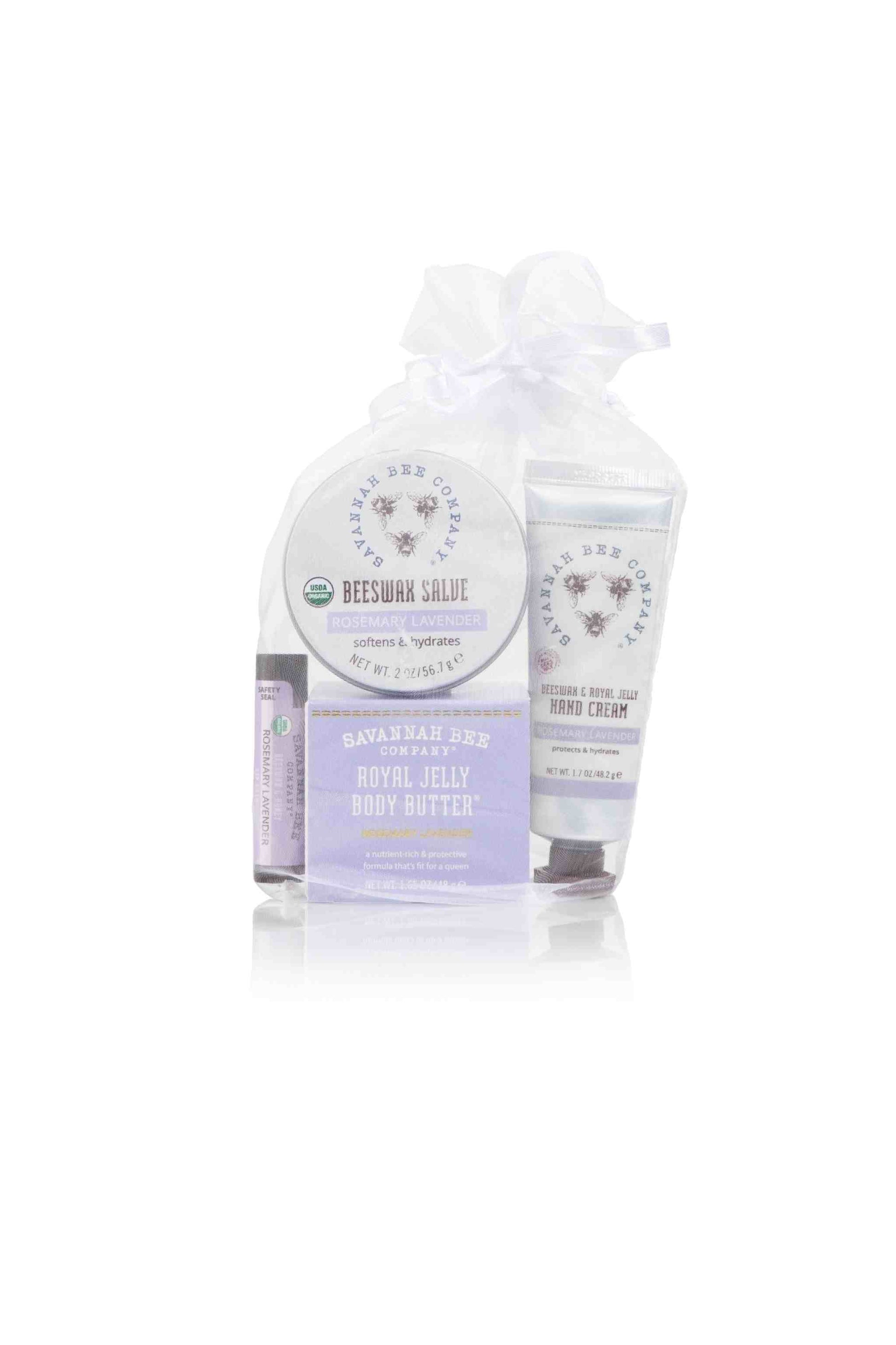 Lavender Love Gift Set contains Rosemary Lavender Beeswax Salve, Beeswax Royally Jelly Hand Cream, Royal Jelly Body Butter and Lip Balm in a organza bag
