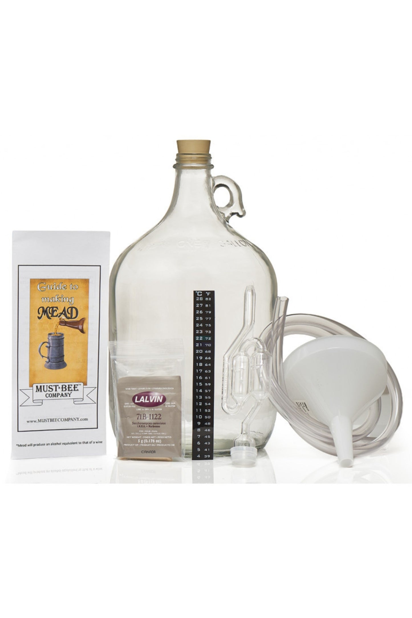 Savannah Bee Company Mead Making Kit includes a 1 gallon glass carboy, airlock and rubber stopper, syphon tube, thermometer tape, yeast, yeast nutrients, funnel and step-by-step instructions.