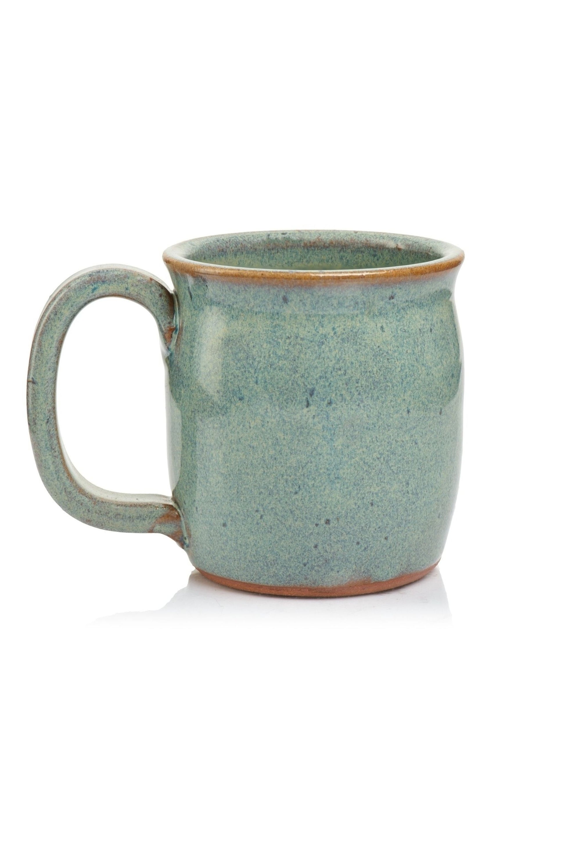Handcrafted stoneware mug in light blue color back facing
